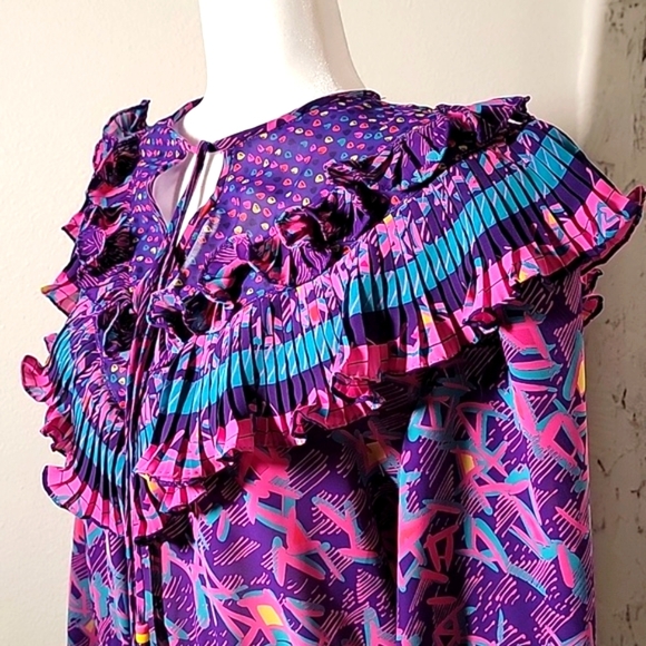 VTG Assorti Susan Freis Dress Maxi Long-sleeve Ruffles USA Colorful Multicolor M - Picture 7 of 16